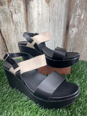 Kork-Ease Austin Wedge Platform Sandals Two-tone Black Tan Leather Women's 9